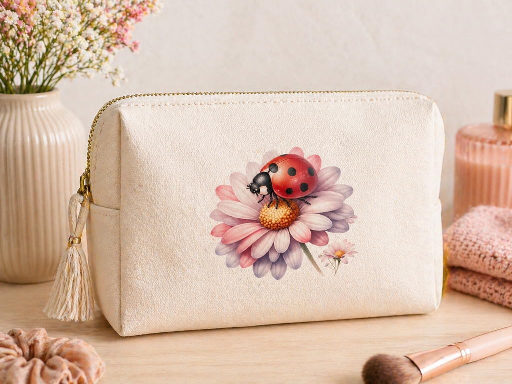 Bügelbild Marienkäfer mit Blume