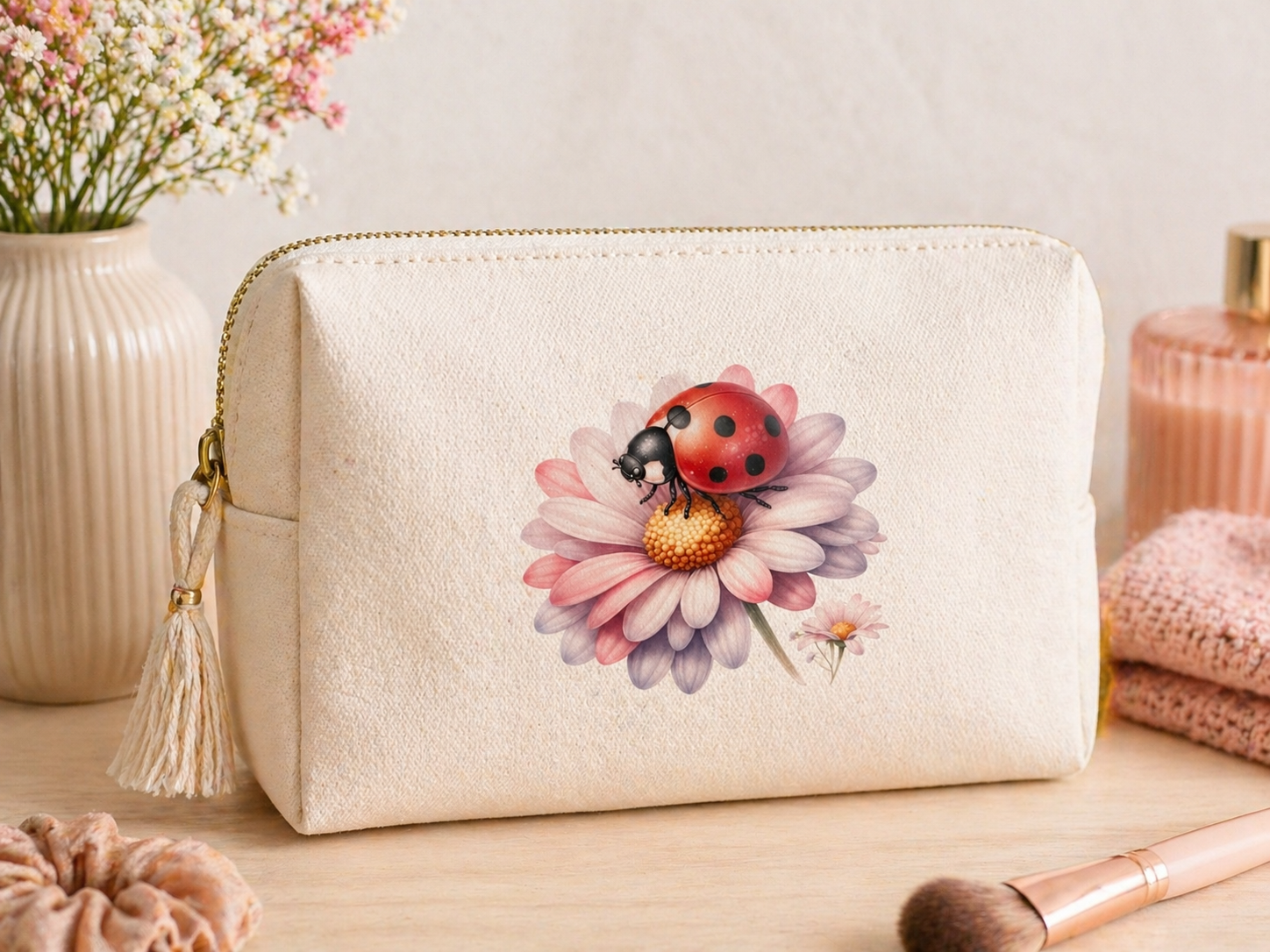 Bügelbild Marienkäfer mit Blume