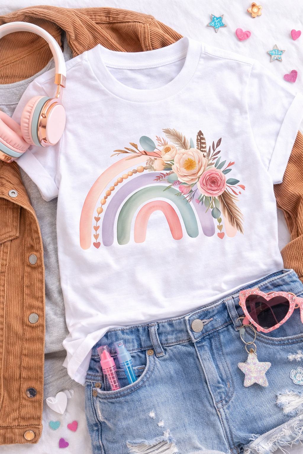 Bügelbild Regenbogen mit Blumen